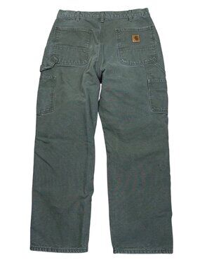 Vintage Carhartt Green Loose Fit Canvas Work Pants Mens 34x30 Plaid Lined Heavy-